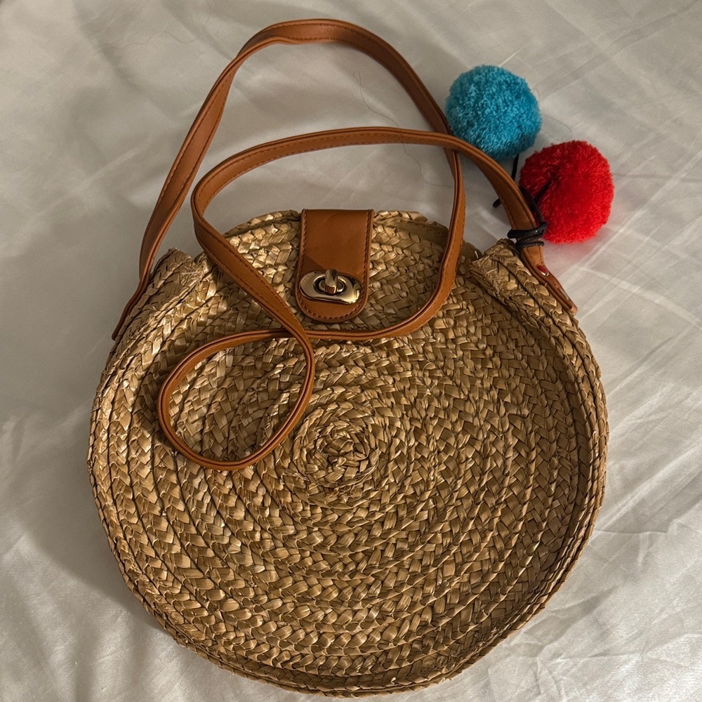 Woven Round Straw Crossbody Bag with Tan Leather Trim